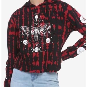 Black and Red Moth Tiedye cropped hoodie.
